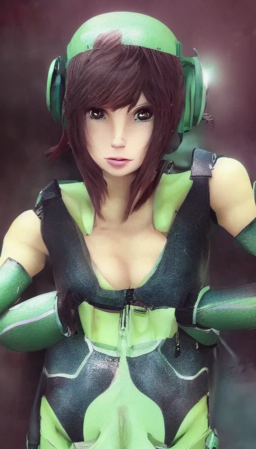 Image similar to render beautiful 3 d anime woman with short brown hair, heterochromia, blue eye and green eye, sci fi glowing bodysuit with mechanical boots, heavy makeup, short smile, cinematic lightning, highly detailed, trending on artstation, unreal engine 4 k, blender, cinematic color grading