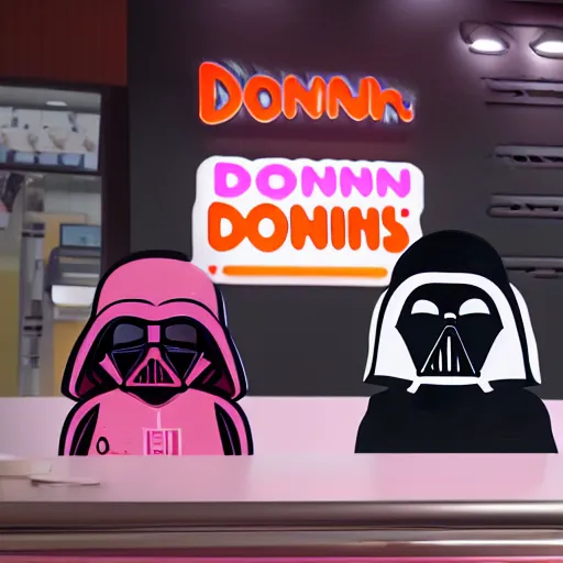 Image similar to darth vador working at dunkin donuts , 8k cinematic lighting, very sharp detail, anatomically correct