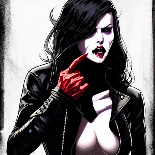 Image similar to rafael albuquerque comic art, peter mohrbacher, steve niles, artgerm, pretty elizabeth olson vampire sharp vampire teeth open mouth, symmetrical eyes, black leather jacket, jeans, long blonde hair