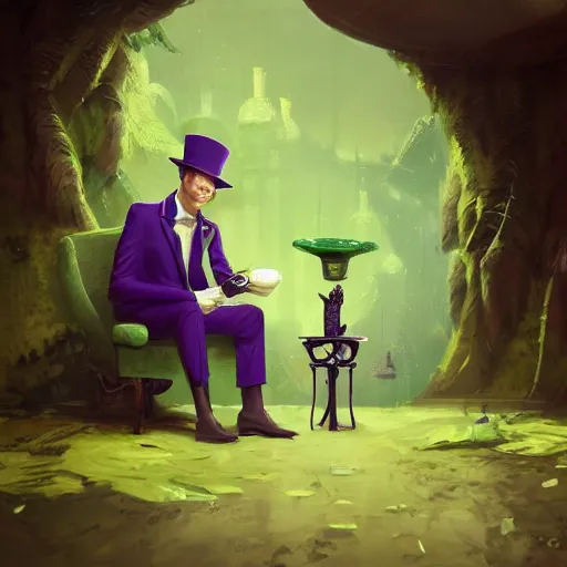 Image similar to man, Wearing green suit, Wearing green tophat, wearing purple undershirt, wearing shades, drinking tea, by Viktor Antonov,, greg rutkowski, fantasy, D&D, trending on artstation, smooth, sharp focus