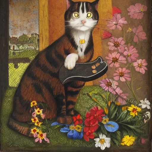 Prompt: cat with lute, flowers in the background, medieval portrait, colorful, medium shot