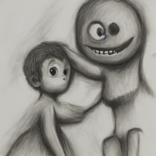 Prompt: a friendly monster and a child playing, charcoal art