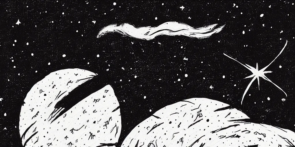 Image similar to ink lineart drawing of a shooting star towards a planet, comet, wide angle, seen from space, artstation, etchings by goya, chinese brush pen, illustration, high contrast, deep black tones contour