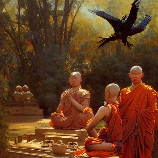 Image similar to crow worshipping buddhist monks, painting by gaston bussiere, craig mullins, j. c. leyendecker, lights, art by ernst haeckel, john william godward, hammershøi,,