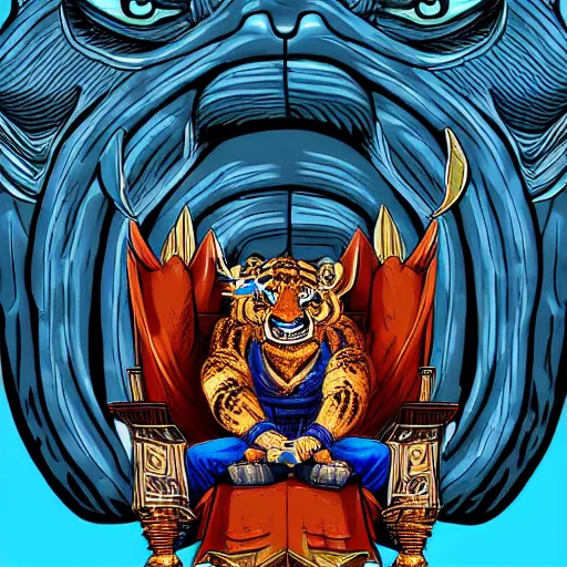 Image similar to anthropomorphic tiger warlord sit on his throne in the style of Akira Toriyama, digital art, detailed, stylized, full body portrait