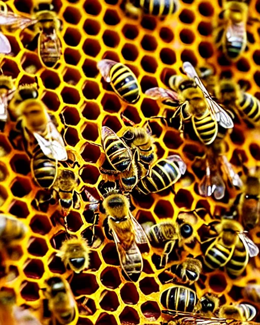 Prompt: bees on honeycomb close up bees nest, cinematic epic award winning photography of the honeybee on nest
