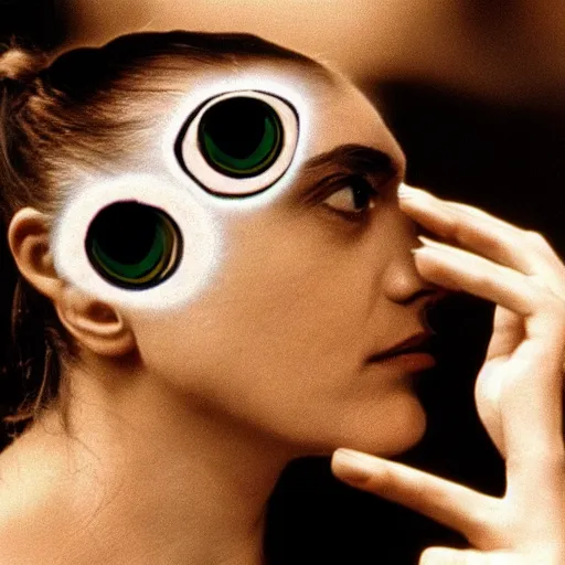 Image similar to woman with a nostril face, long snout, wearing eyeballs on her head, outdoors 1974 arthouse film, archival footage, technicolor film