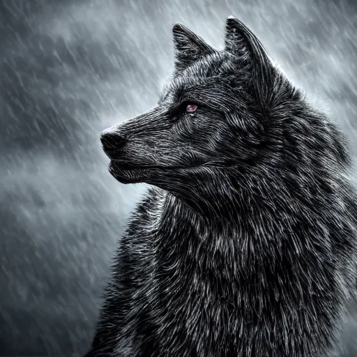 Image similar to Bloodthirsty black wolf in white sheep's clothing, gloomy atmosphere, hyperrealism, no blur, 4k resolution, ultra detailed-i