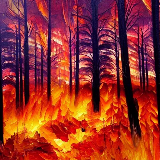 Prompt: a forest in flames with lightning in the background, oil painting, beautiful, enchanting, nature