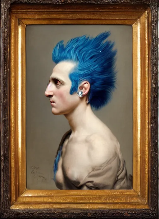 Prompt: a detailed portrait of old woamn with a extravagant mohawk by edouard bisson, blue hair, punk rock, oil painting, muted colours, soft lighting