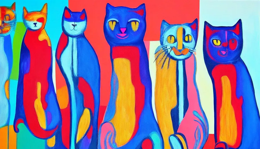 Image similar to contemporary semi abstract acrylic painting of really tall cats by daniel patrick kessler, kessler art, thick brush strokes and visible paint layers