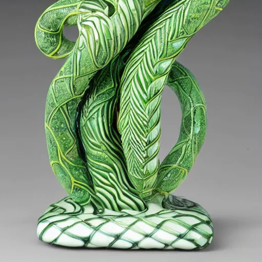 Image similar to a ceramic sculpture of some kind of plant in a glazed surreal abstract serpent frame with a white wall behind it and swirling green plants in the center by cleo sjolander