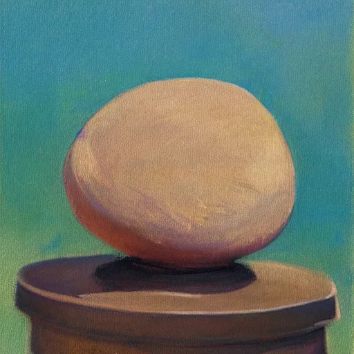 Prompt: impressionist painting of a round boulder on a pedestal smoking a cigarette, brown background