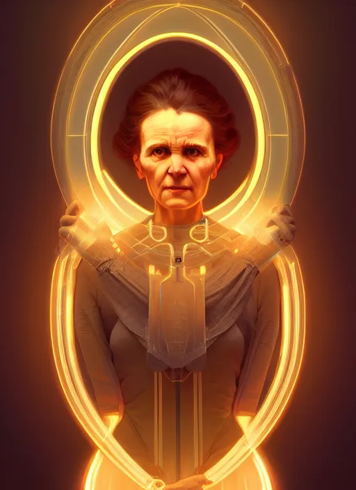 Image similar to symmetry!! portrait of marie curie female, sci - fi, glowing lights!! intricate, elegant, highly detailed, digital painting, artstation, concept art, smooth, sharp focus, illustration, art by artgerm and greg rutkowski and alphonse mucha, 8 k