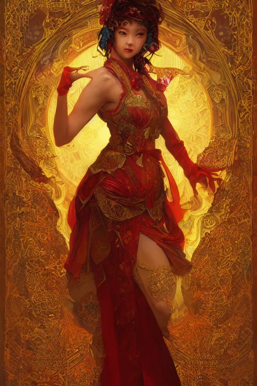 Image similar to tarot card artstation, portrait of an asian love dancer, sunrise, baroque ornamnet and rococo ornament, ancient chinese ornate, hyperdetailed, beautiful lighting, craig mullins, mucha, klimt, yoshitaka amano, red and gold and orange color palatte