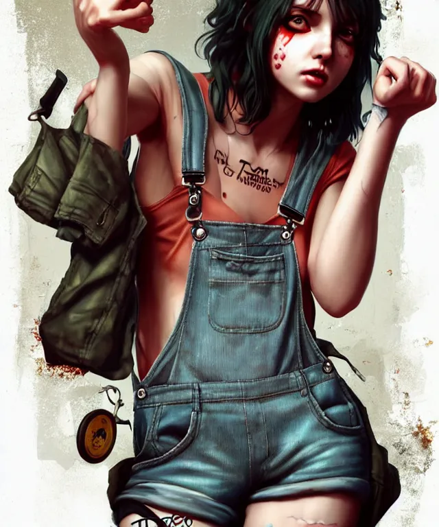 Image similar to full body pose, grungy alice, torn overalls, short shorts, combat boots, fishnets, beautiful, highly detailed face, true anatomy!, extremely detailed!, digital painting, unreal engine 5, art by tom bagshaw