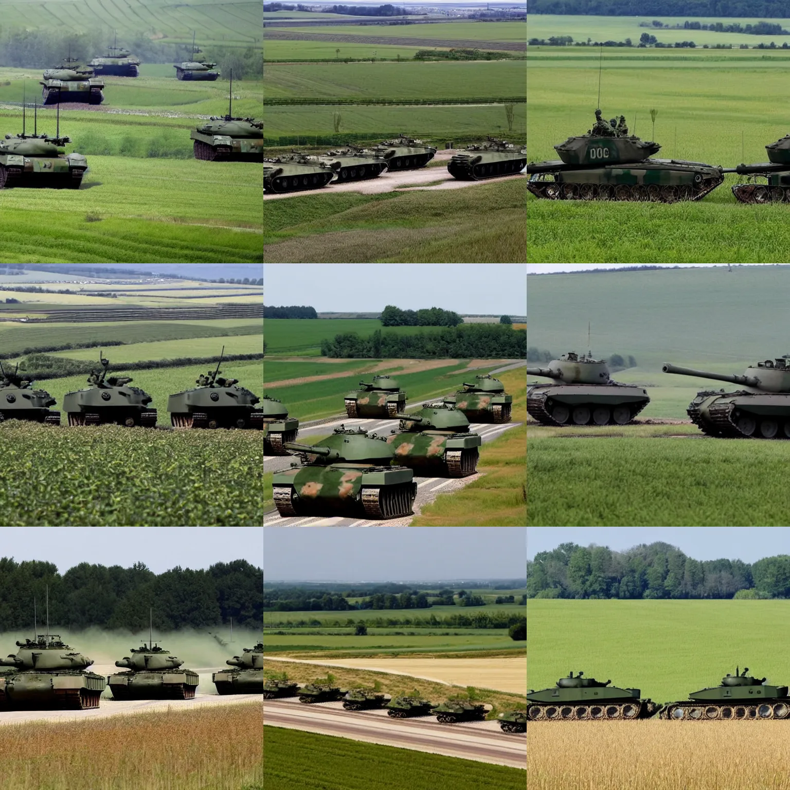 Prompt: twenty modern american tanks roll through fields in normandy, 2 0 2 0, reuters / ap