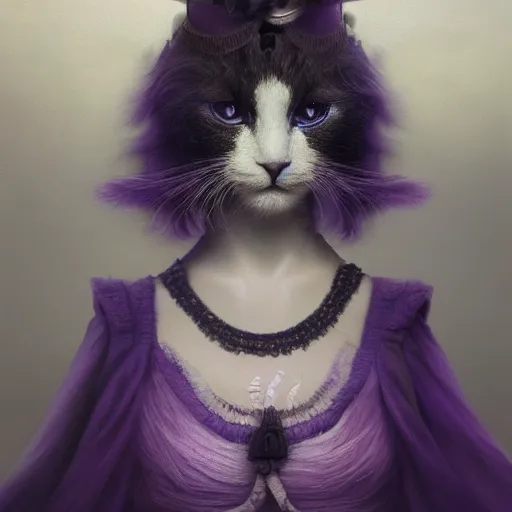 Image similar to picture generation, soft painting curiosities carnival, beautiful cat head hybrid in full long dress, accurate features, focus, very intricate ultrafine details, black white purple volumetric clouds, award winning masterpiece, octane render 8 k hd, tom bagshaw artstyle