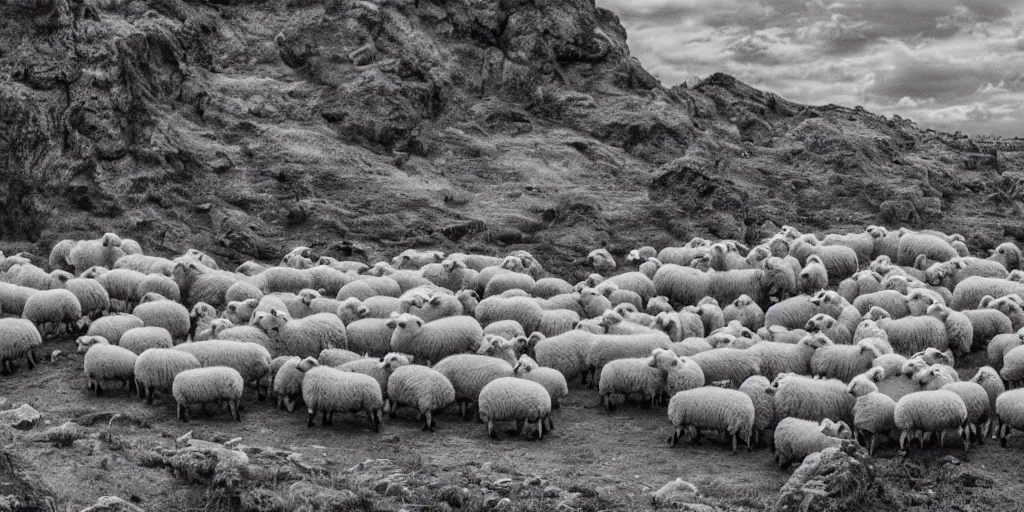 Prompt: hundreds of white sheep running towards a cliff and falling down to the rocks below and one black sheep going against the crowd, naturalistic sketching, wide shot