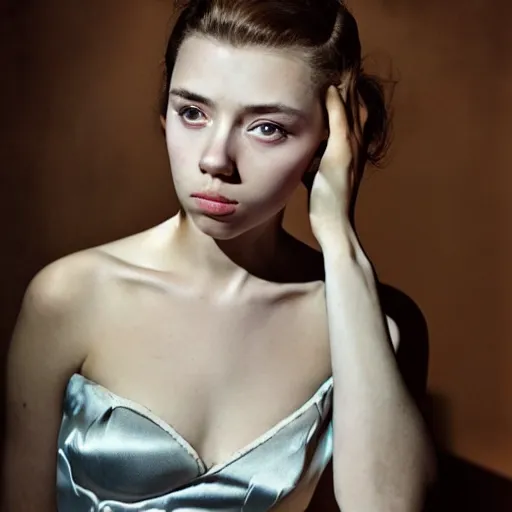 Prompt: dramtically lit, high quality studio photo of a girl who looks like 16-year old Audrey Hepburn and Scarlett Johansson, with parted lips and stunning, anxious eyes, wearing a silver satin gown, by Steve McCurry