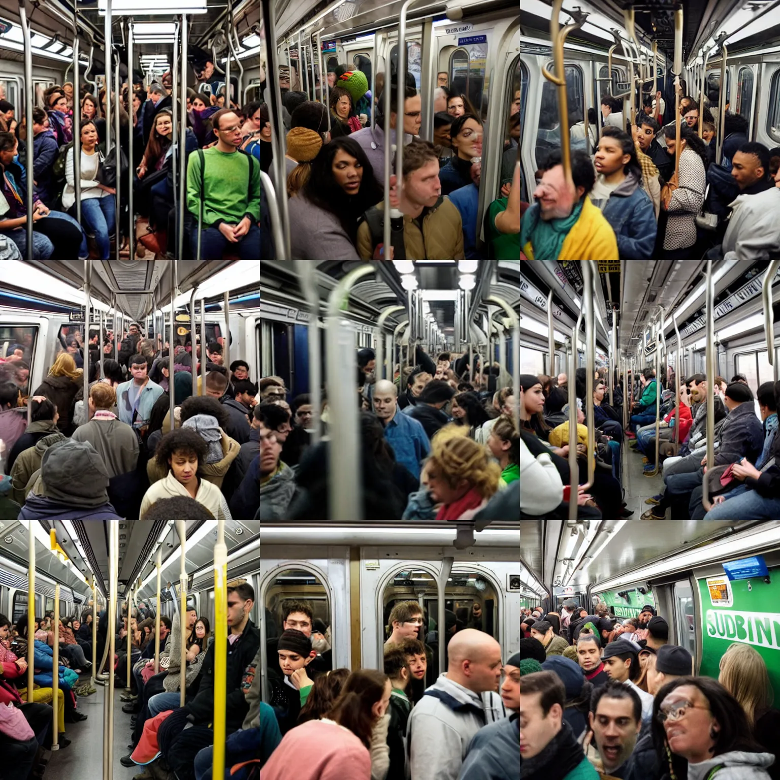 Prompt: a crowded subway car whose passengers are all humanoid frogs wearing clothing
