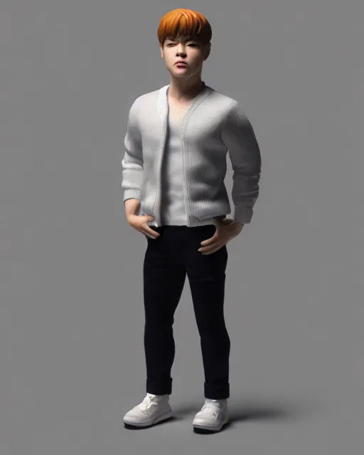 Prompt: full body 3d render of Park Jimin as a bobble head, studio lighting, white background, blender, trending on artstation, 8k, highly detailed , intricate details