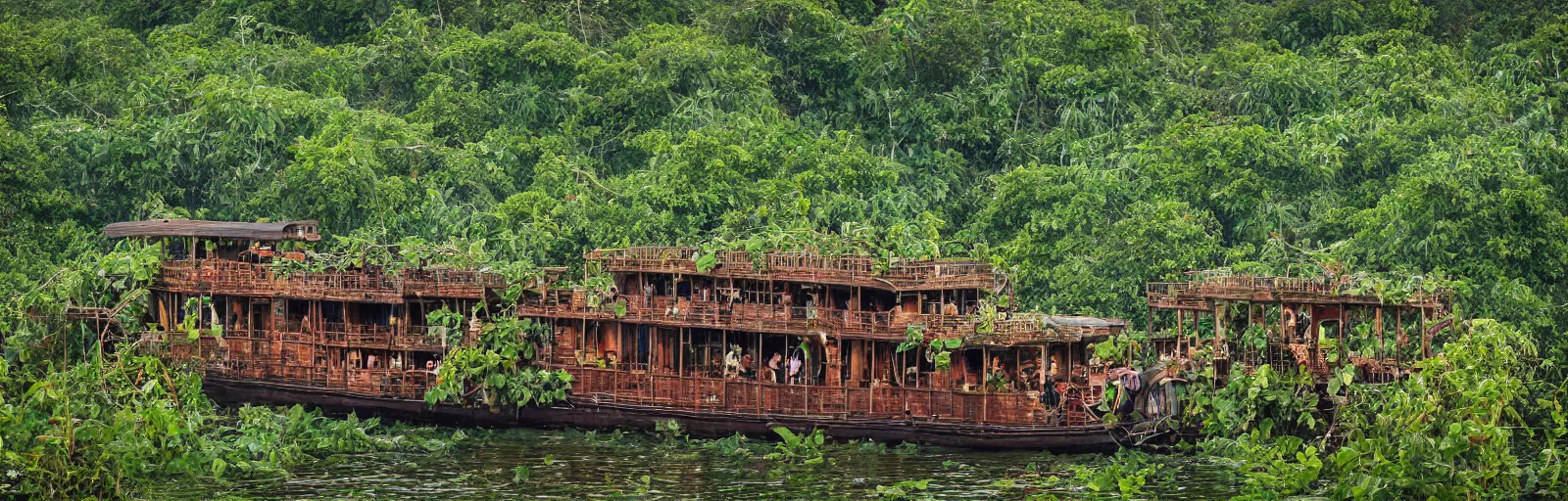 Prompt: A wooden, beautiful 1880's steamboat overgrown with intricate vines, flowers, snakes, anacondas and exotic vegetation floating down on the Amazon river. Faint lights from inside the ship. Steam. Birds circulating. The boat looks like an island. Ecosystem. Beautiful close up photo by National Geographic. Wide lens. Photo by Roger Deakins. Photorealistic. Sunset. Volumetric lights. Mist. hyper-maximalistic, with high detail, cinematic, 8k resolution, beautiful detail, insanely complex details.