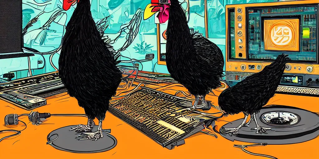 Image similar to 'black chicken'!!! smoking 'cannabis'!!!!!! in front of 'audio console'!!!! and 'multi monitors'!!!! 'in a hi-tech tv broadcasting studio'!!!!, artwork by James Gilleard