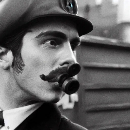 Image similar to realistic photograph of Mario in a hat with an M smoking in a french new wave Godard film aesthetic