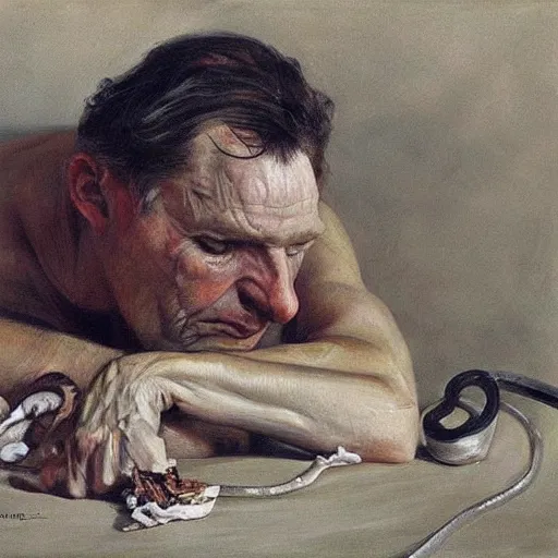 Prompt: shadowy by lucian freud, by serge marshennikov. a beautiful photograph of a snake eating its own tail that seems to go on forever.