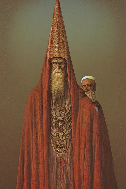 Image similar to an orthodox patriarch in a very tall russian temple, in style of Zdzislaw Beksinski,