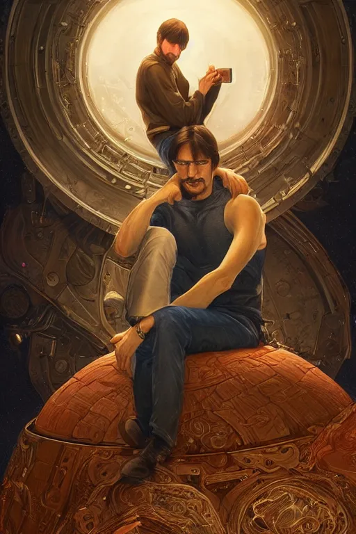 Image similar to ultra realistic illustration, steve jobs sitting on a giant apple, sci - fi, fantasy, intricate, elegant, highly detailed, digital painting, artstation, concept art, smooth, sharp focus, illustration, art by artgerm and greg rutkowski and alphonse mucha