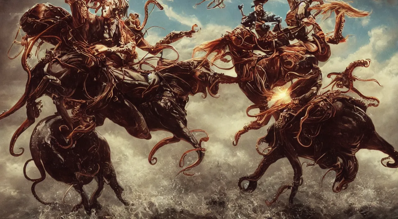 Prompt: an octopus riding a horse leading the charge, epic, John Carpenter