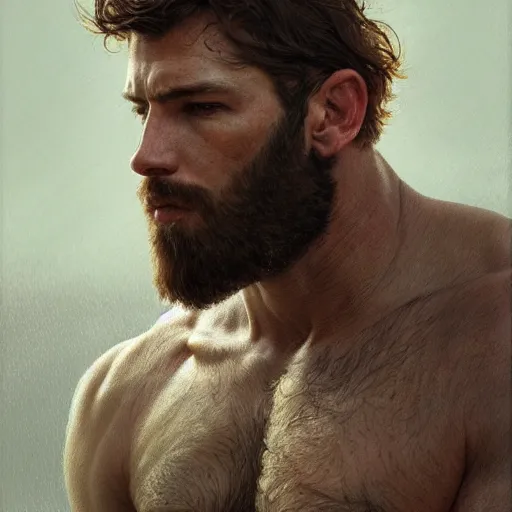 Prompt: portrait of the god of the meadow, 30 years old, rugged, male, gorgeous, detailed face, amazing, hairy torso, muscular, intricate, highly detailed, digital painting, artstation, concept art, sharp focus, illustration, art by greg rutkowski and alphonse mucha