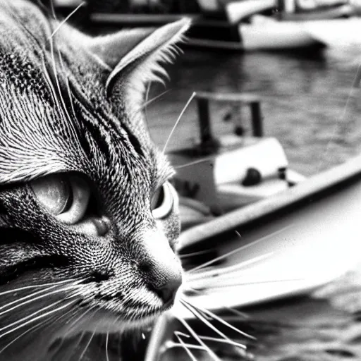 Image similar to fisherman cat, cat fishing from boat, 35 mm photo