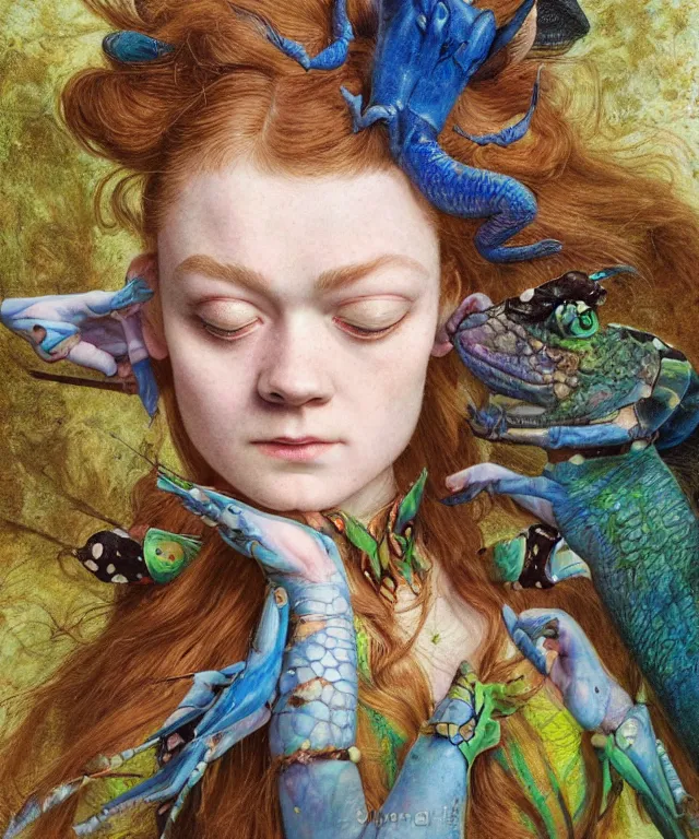 Prompt: a portrait photograph of a meditating fierce sadie sink as a colorful harpy antilope super hero with blue spotted skin with scales. she is being transformed into a alien amphibian. by donato giancola, hans holbein, walton ford, gaston bussiere, peter mohrbacher and brian froud. 8 k, cgsociety, fashion editorial