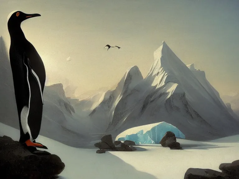 Image similar to an oil painting of a penguin and a misty glacier at dawn. by tuomas korpi and carl spitzweg. baroque elements. intricate artwork by caravaggio. oil painting. oil on canvas. award winning. dramatic. trending on artstation. 8 k