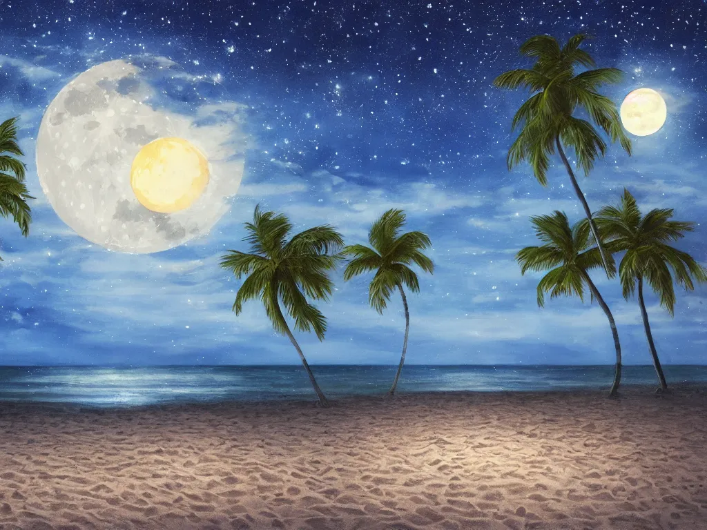 Prompt: night on a summer beach in miami, palm trees, footprints in the sand, full moon, moon reflected in the calm ocean, starry sky 8 k, ultra detailed, trending on artstation, digital painting