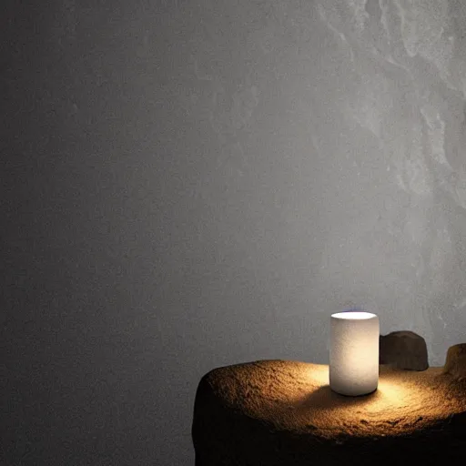 Image similar to japanese lamp inside a cave made of chalk, photorealistic rendering, atmospheric light, octane, redshift