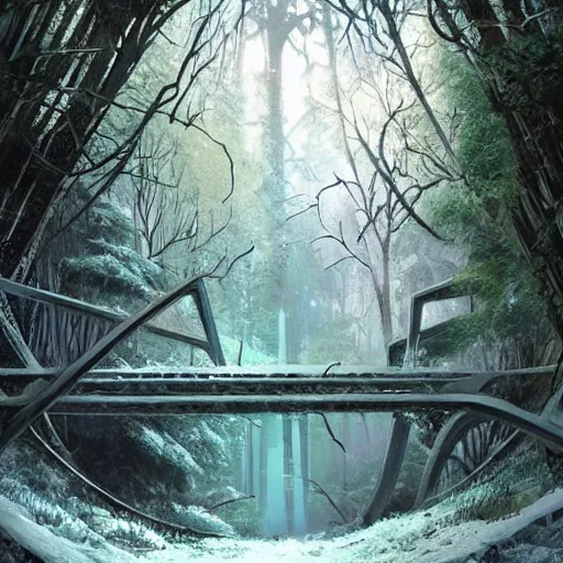 Image similar to frozen derelict portal in a middle of a snowy lush futuristic forest, green lush world seen only through a portal, daylight, cinematic lighting, blue sky, syd mead, john harris