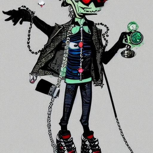 Prompt: a goth nerd guy wearing goggles and eccentric jewelry by jamie hewlett :: full body character concept art, full body, detailed