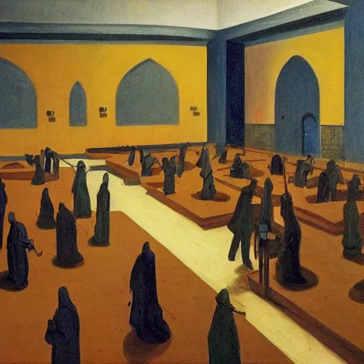 Prompt: apocalyptic scene, prayer, occult, refugees, mosque synagogue interior, gas masks, geometric art, patina, Edward Hopper, PJ Crook