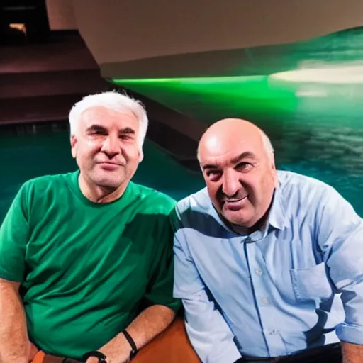Prompt: mid white hair old man with green shirt and white short, sitting in shark tank with kevin o'leary