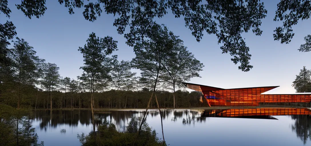 Prompt: faceted roof planes lift and descend creating shade and architectural expression, highly detailed, situated in the forest, next to a highly reflective lake, at dusk, vivid color