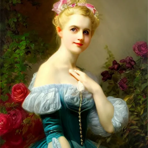 Prompt: Alice in Wonderland,a portrait of a beautiful blond hair girl,Diamonds Blaze,Rose twining,luxuriant,dreamy, eternity, romantic,highly detailed,in the style of Franz Xaver Winterhalter, highly detailed,night lighting
