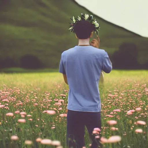 Prompt: kodak portra 4 0 0 photograph of a skinny guy standing in field of flowers, flower crown, back view, moody lighting, moody vibe, telephoto, 9 0 s vibe, blurry background, vaporwave colors, faded!,