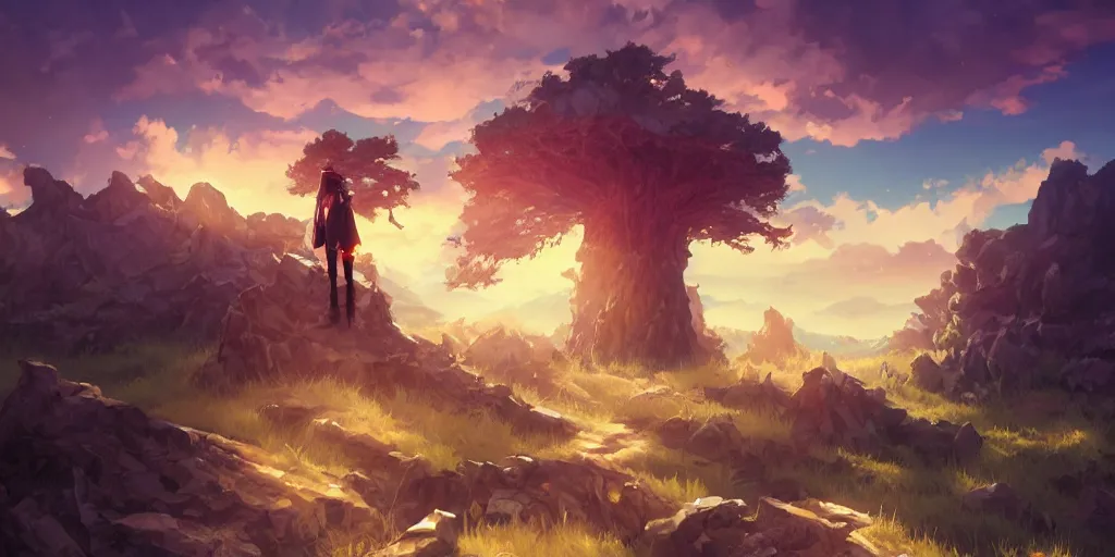 Prompt: isekai masterpiece anime man standing tree log looking up at giant crystals, high noon, cinematic, very warm colors, intense shadows, ominous clouds, anime illustration, anime screenshot composite background by mandy jurgens, by irina french, by rachel walpole, by alyn spiller