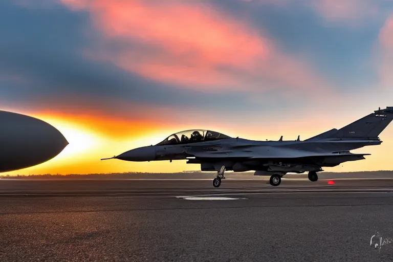 Image similar to photo of an f16 fighter jet in fligh, launching missles, sunset lighting, photography