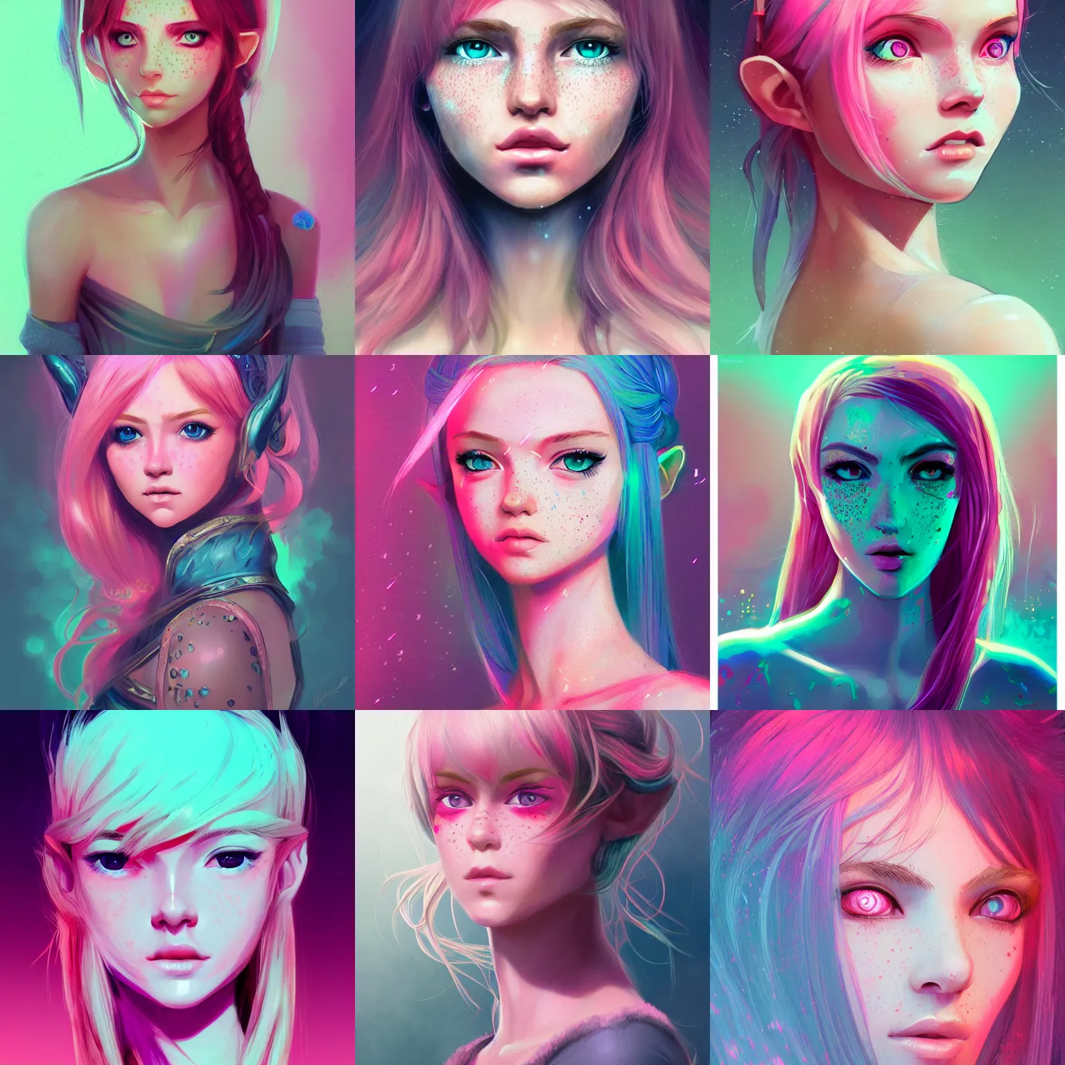 Prompt: girl portrait, elven warrior princess, head and shoulders, matte print, pastel pink, neon highlights, digital art, cute freckles, digital painting, fan art, elegant, pixiv, by Ilya Kuvshinov, daily deviation, IAMAG