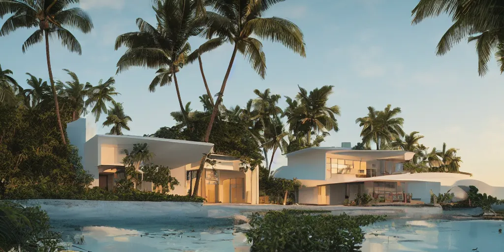 Prompt: modern house in a tropical setting, a view of the beach, coconut trees, sunset, concept art, beautiful, cinematic dramatic atmosphere, volumetric cinematic perfect light, detailed octane render trending on artstation, 8 k, by chris hytha and jag studio